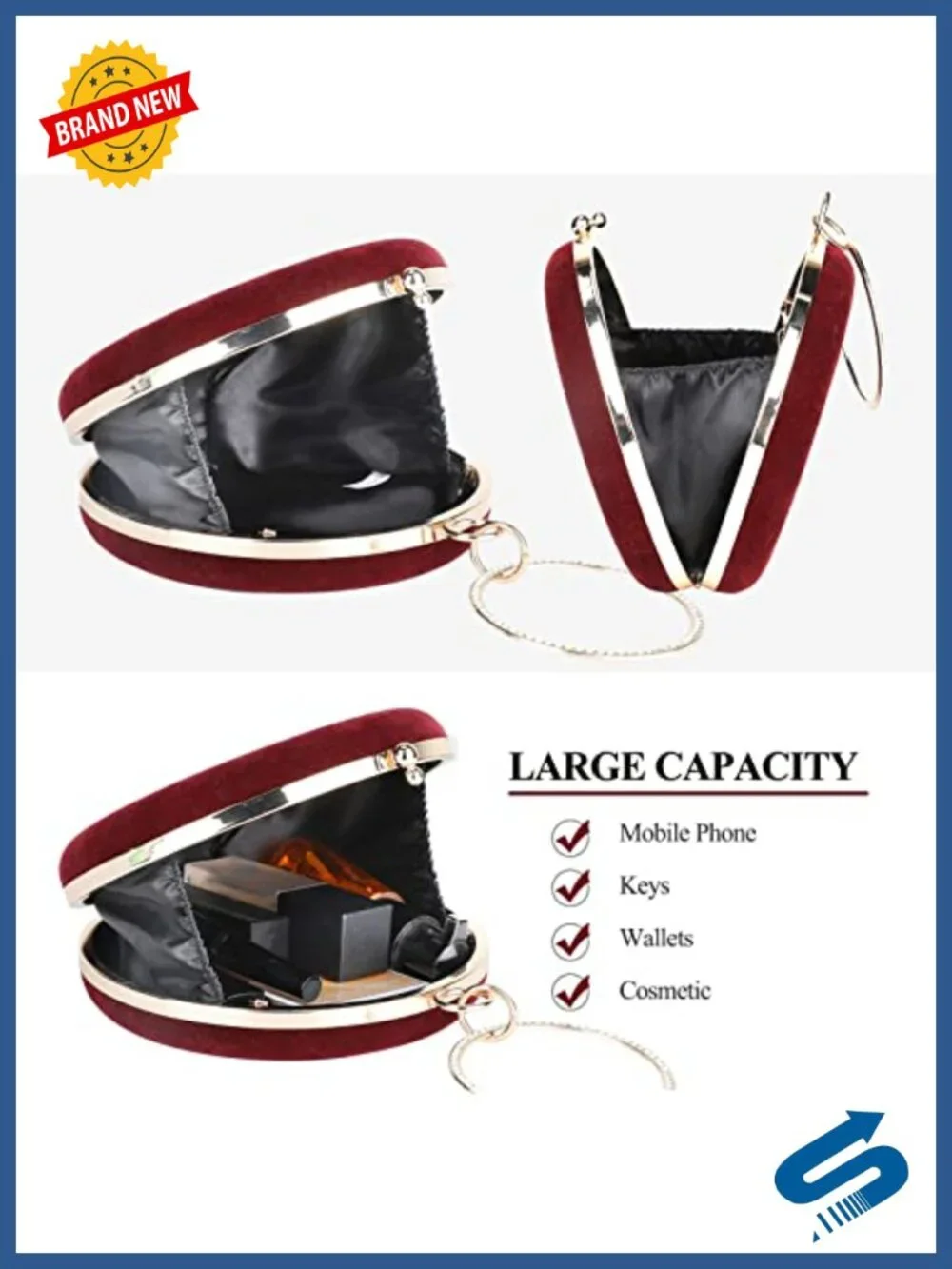 Velvet Round Clutch Evening Bag with Rhinestone Handle & Gold Chain